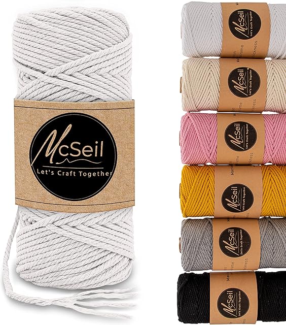 MCSEIL Macrame Cord 3mm x 100 Meters 4 Strand Twisted Natural Cotton Rope Soft & Durable for DIY Knitting, Arts & Crafts, Christmas Decoration, Plant Hangers, Wall Hangings (White)