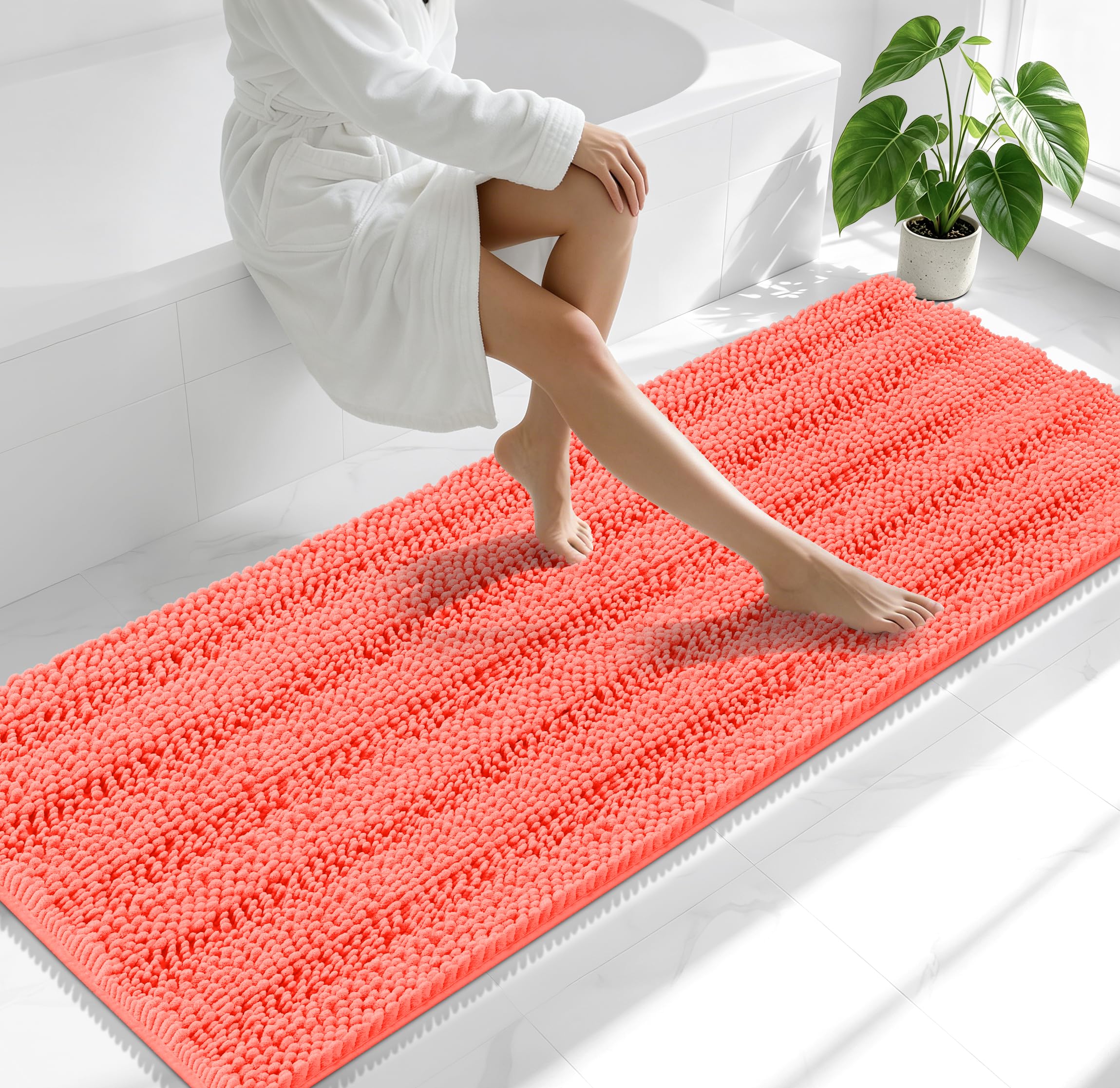Smiry Thick Chenille Bathroom Runner Rugs 70x24, Absorbent Bath Mat, Coral
