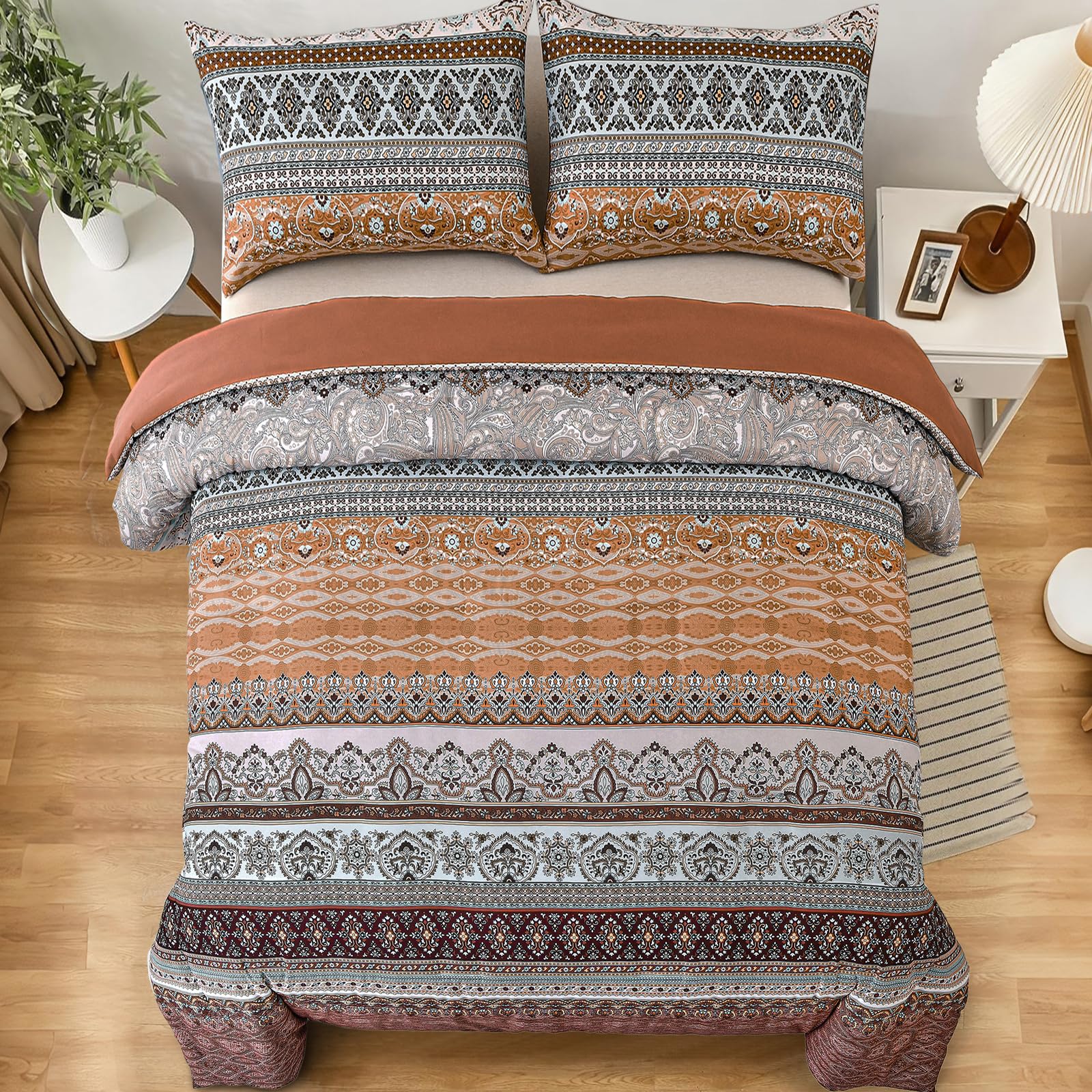 Double Duvet Cover Set Orange Brown Bohemian Bedding Double Bed Set 3 Piece