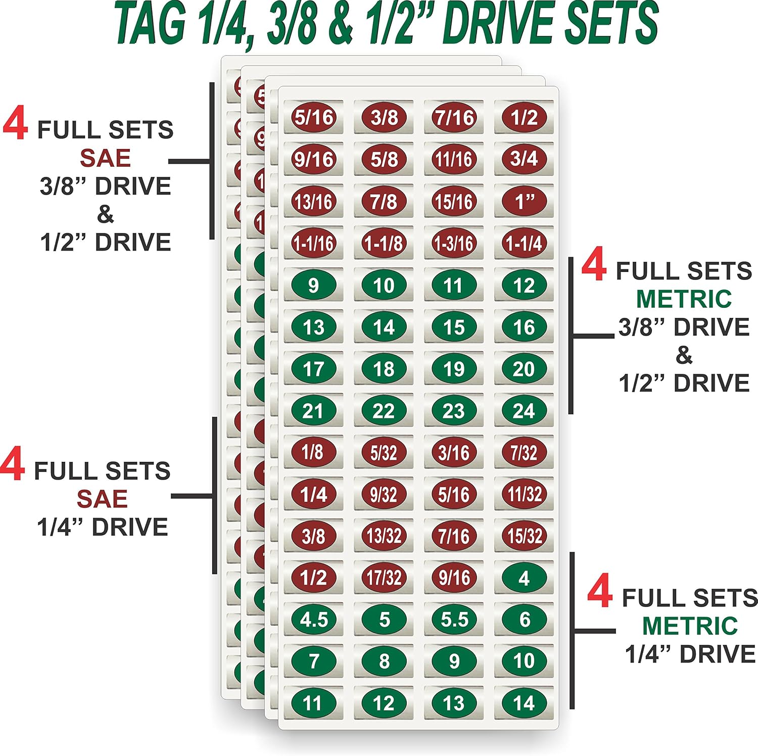 Manufacturers 4 Pack - Chrome Socket Labels (Green Edition) - Tool Tags for Metric & SAE Socket Sets & Wrenches Tough Chrome foil Organizer Decals, Great for Mechanic & Craftsman Plus All Tool Lovers