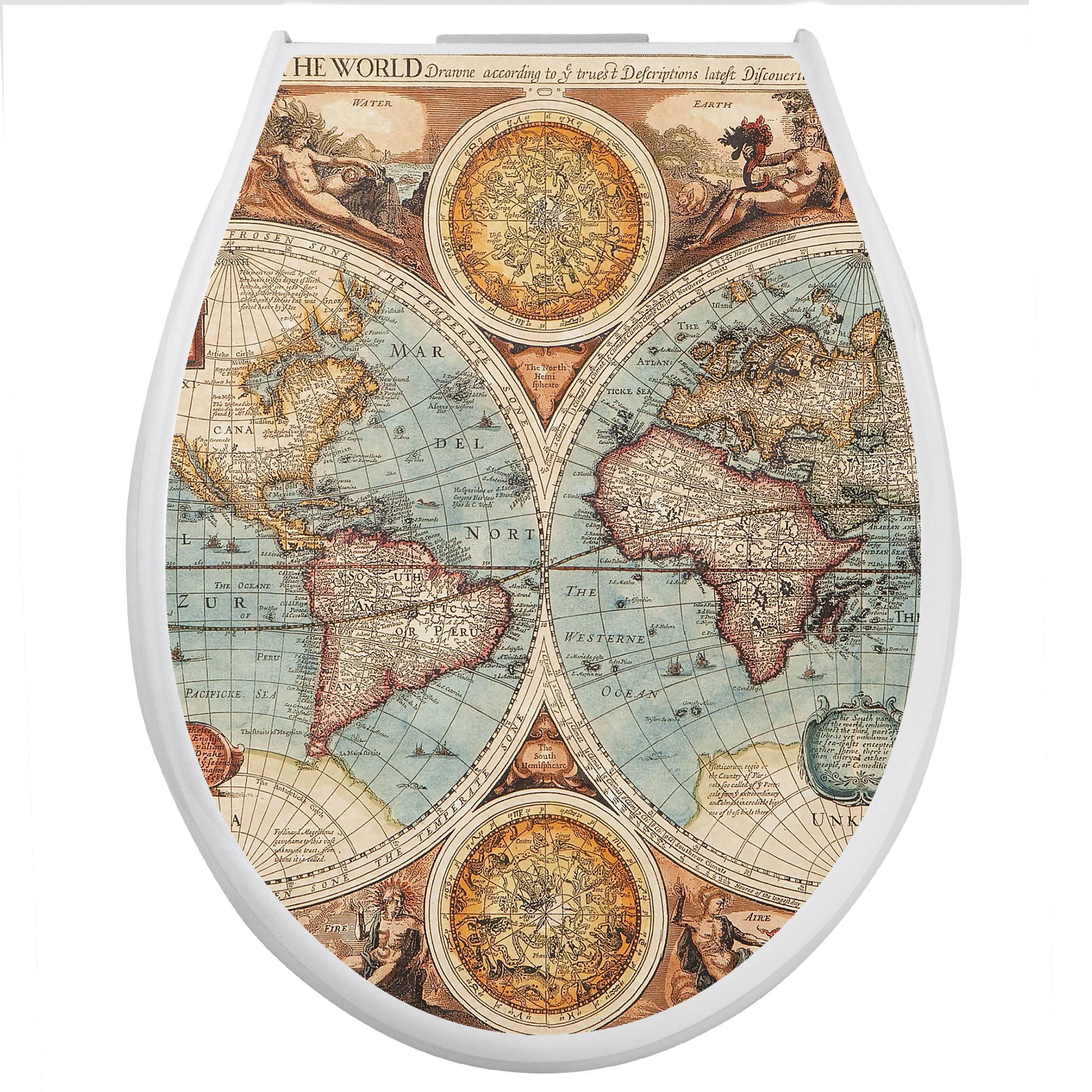banjado Familien WC Sitz mit Absenkautomatik 44,9x37,1cm - Klobrille mit Kindersitz aus hochwertigem Polypropylen - Toilettendeckel mit Kinder Toilettensitz integriert - Motiv Historische Weltkarte