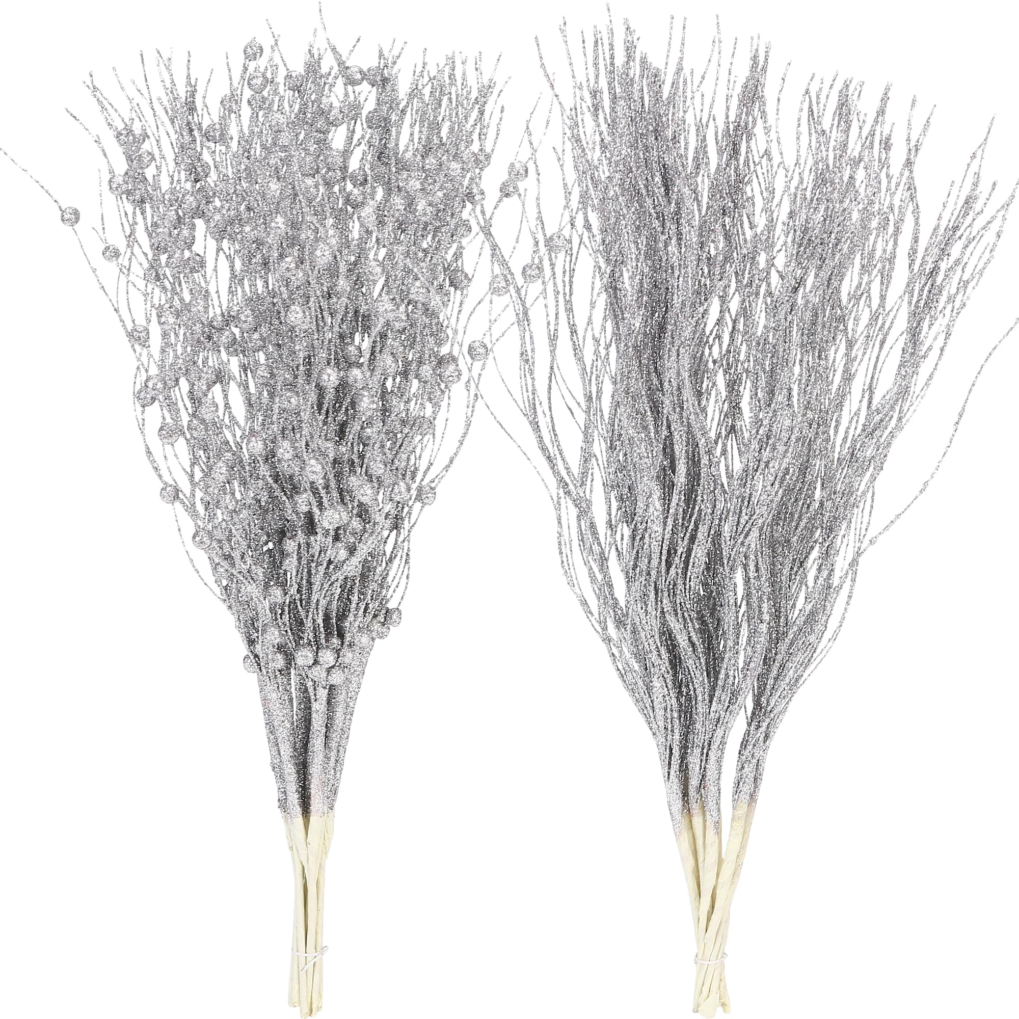 Sea Team 12-Pack Artificial Glitter Berry Stem Ornaments, Decorative Bead Sticks, Glittery Twigs, Picks, Branches for Christmas Tree, Small Vase, Holiday, Wedding, Party (17 Inches, Silver)