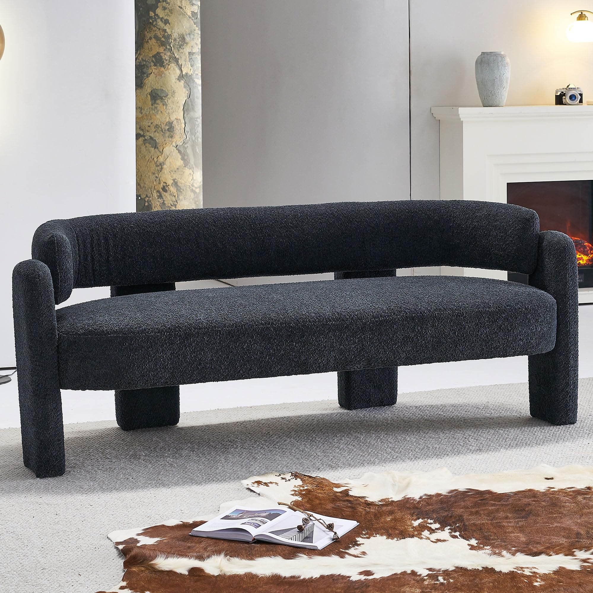 Generic 75 59 Wide Boucle Upholstery Modern Sofa for Living Room Dark Grey