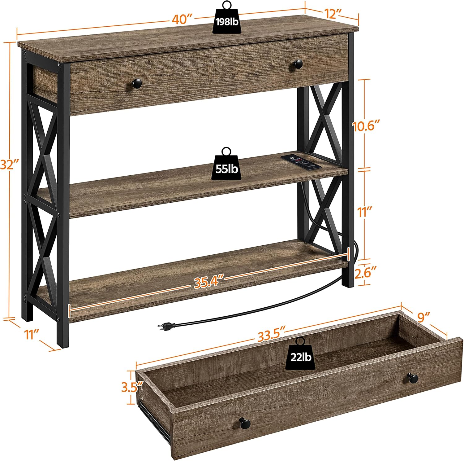 Consola De Entrada Con Base De Carga - 200x18x82 Cm, 2 Tomas Y 2 Puertos USB, Negro, Para Salón O Recibidor