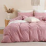 TOCOMOA Red Gingham Duvet Cover Bedding Set 100% Washed Cotton Like Linen Feel Super Soft Comfortable 3 Piece Cute Plaid Checkered Comforter Cover Set (King 104"x90", Comforter Not Included)