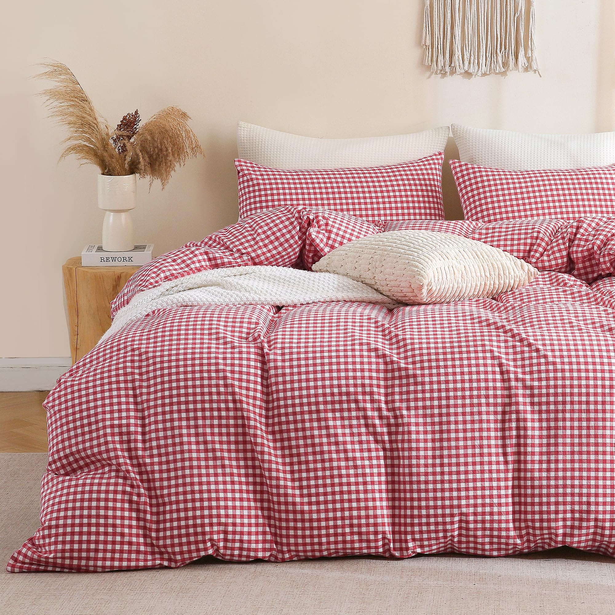 TOCOMOA Red Gingham Duvet Cover Set 100% Washed Cotton Like Linen, Queen