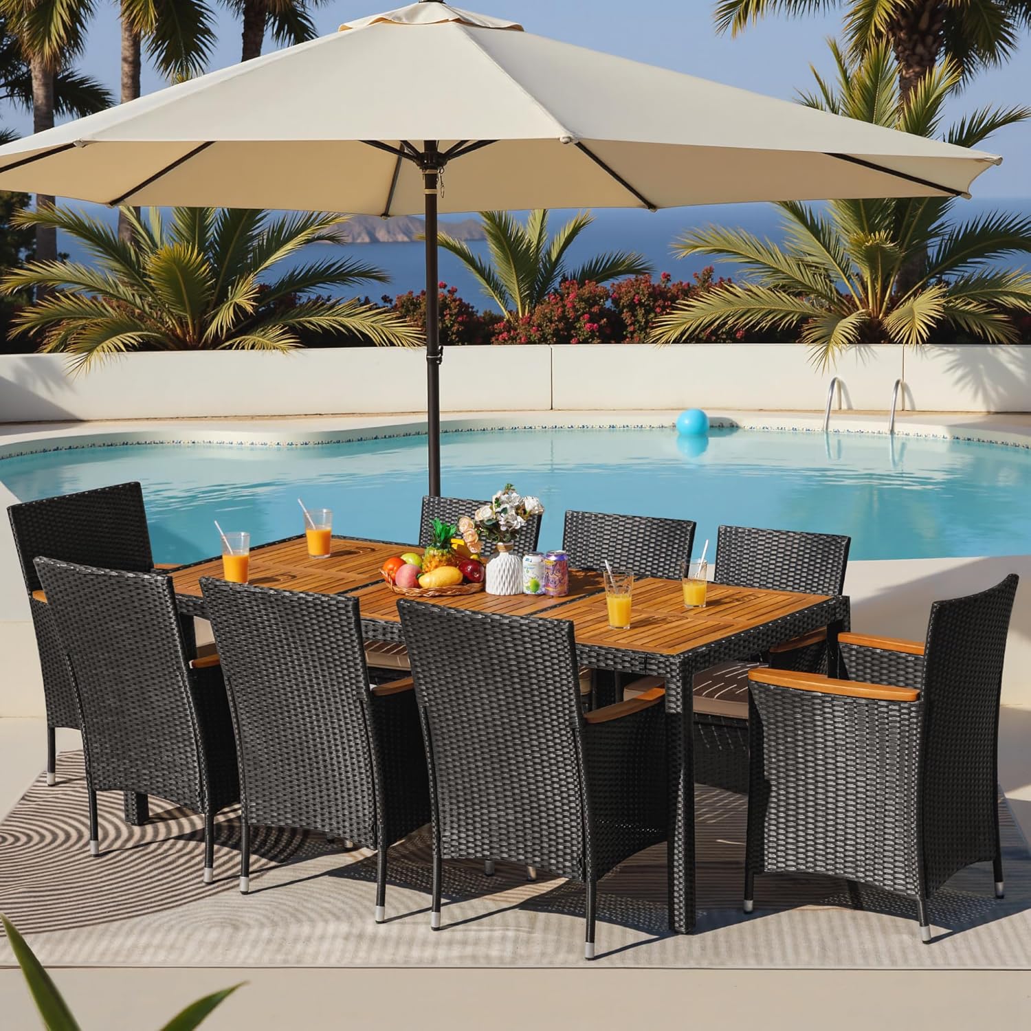Greesum 9-Piece Outdoor Patio Dining Set positioned next to a swimming pool, ready for use.