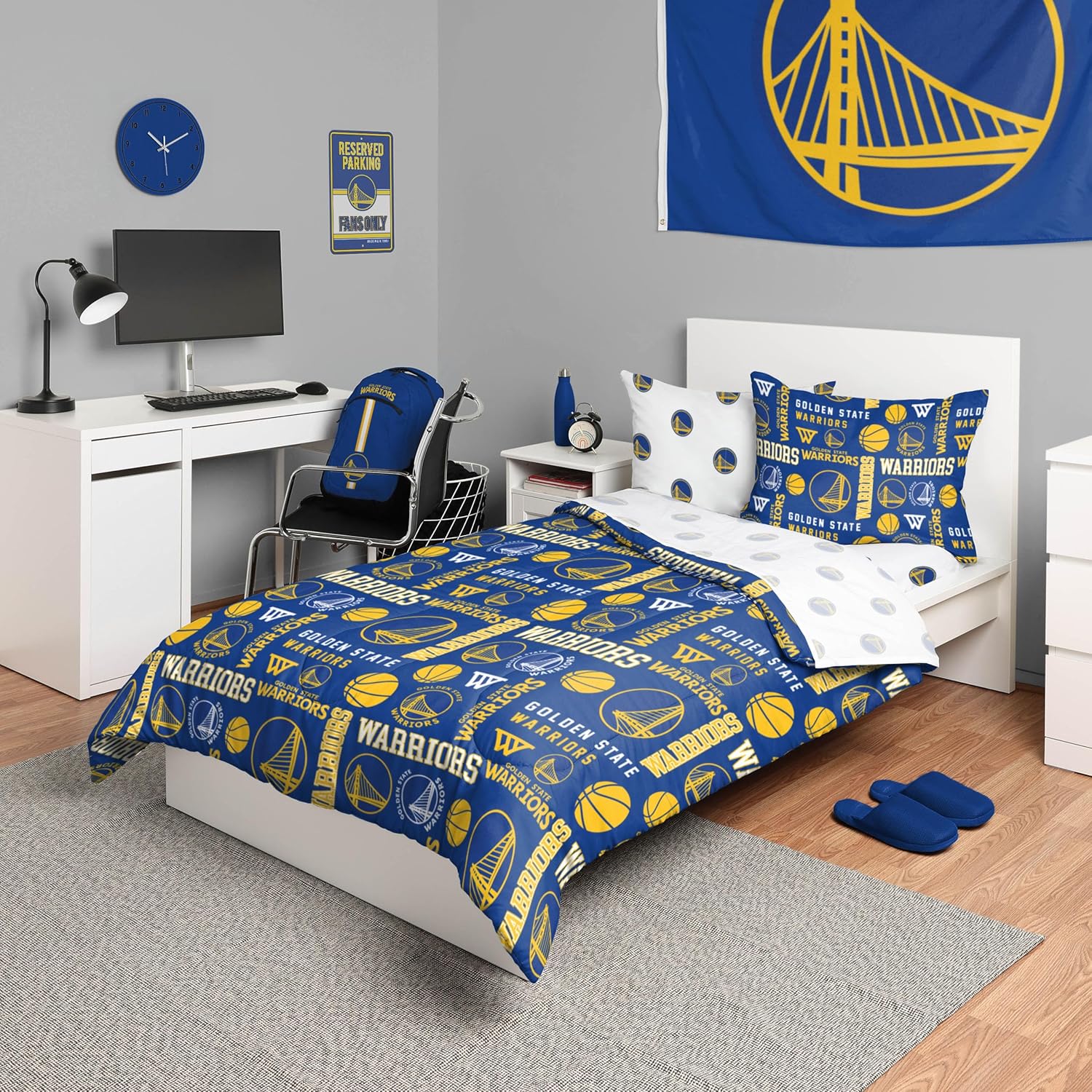 FOCO Unisex-Adult NBA Team Logo Bed in a Bag Comforter, Sheets, Pillow Cases Bedding 5-Piece Set Golden State Warriors Full