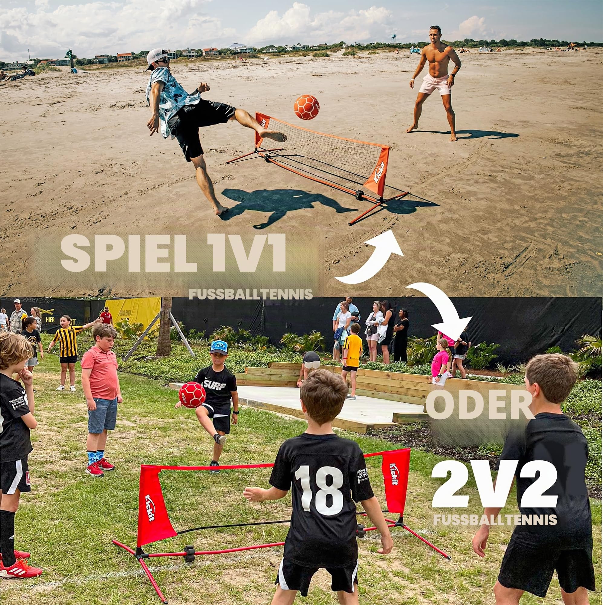 Kickit Soccer Tennis Game Set, Portable 6.5' Wide x 2' High Net & Soft Lightweight Ball, Play Outdoors, Indoors, Backyard, Beach, Complete Skills Training & Travel Friendly, Original