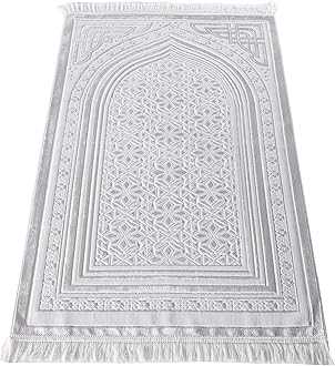 Modefa Luxury Velvet Prayer Rug with Prayer Beads | Soft Elegant Muslim Turkish Janamaz Sajada Carpet for Men and Women | Plain Solid Prayer Mat Ramadan Eid Gift - Najma (White)