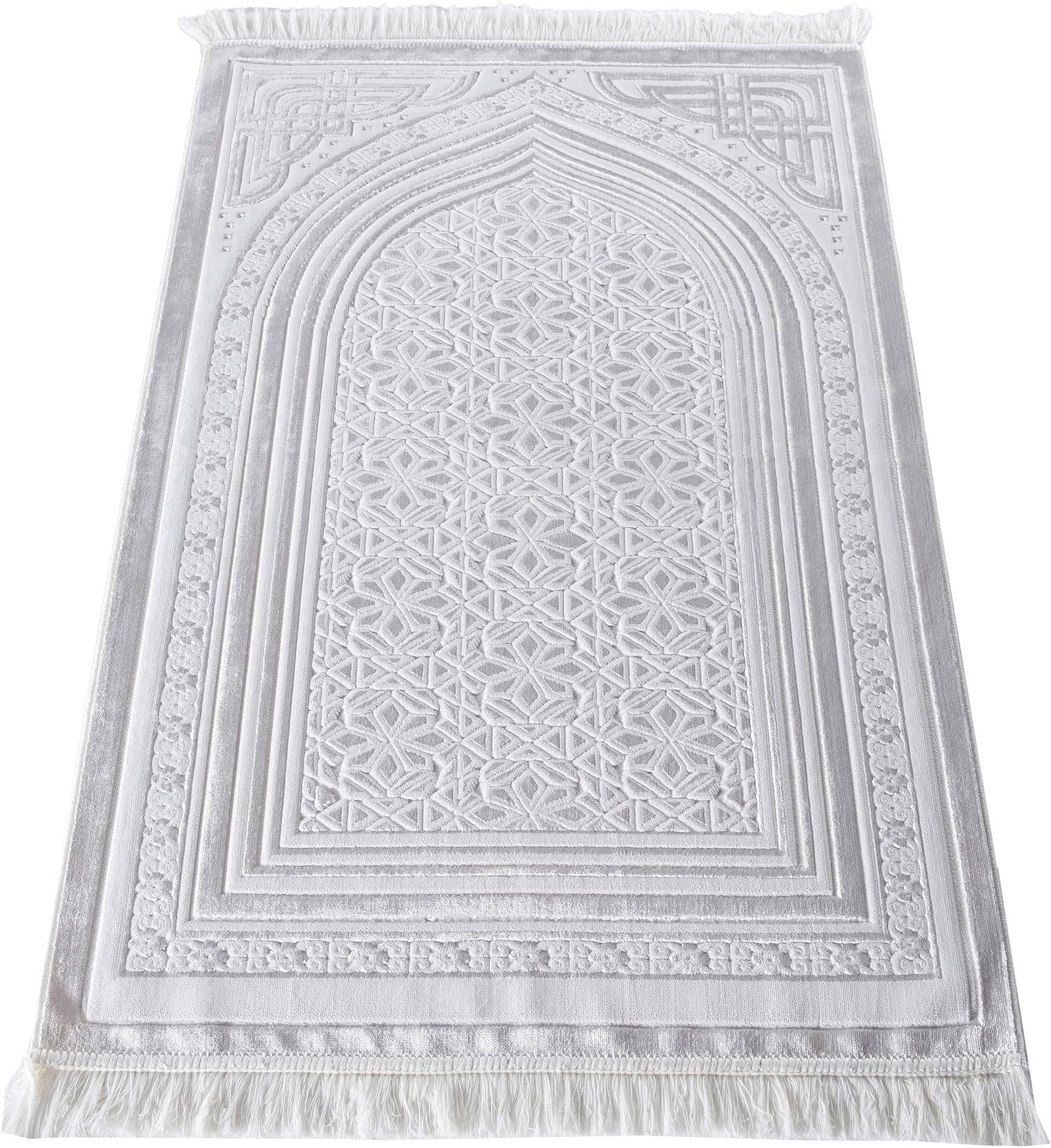 Modefa Luxury Velvet Prayer Rug with Prayer Beads | Soft Elegant Muslim Turkish Janamaz Sajada Carpet for Men and Women | Plain Solid Prayer Mat Ramadan Eid Gift - Najma (White)