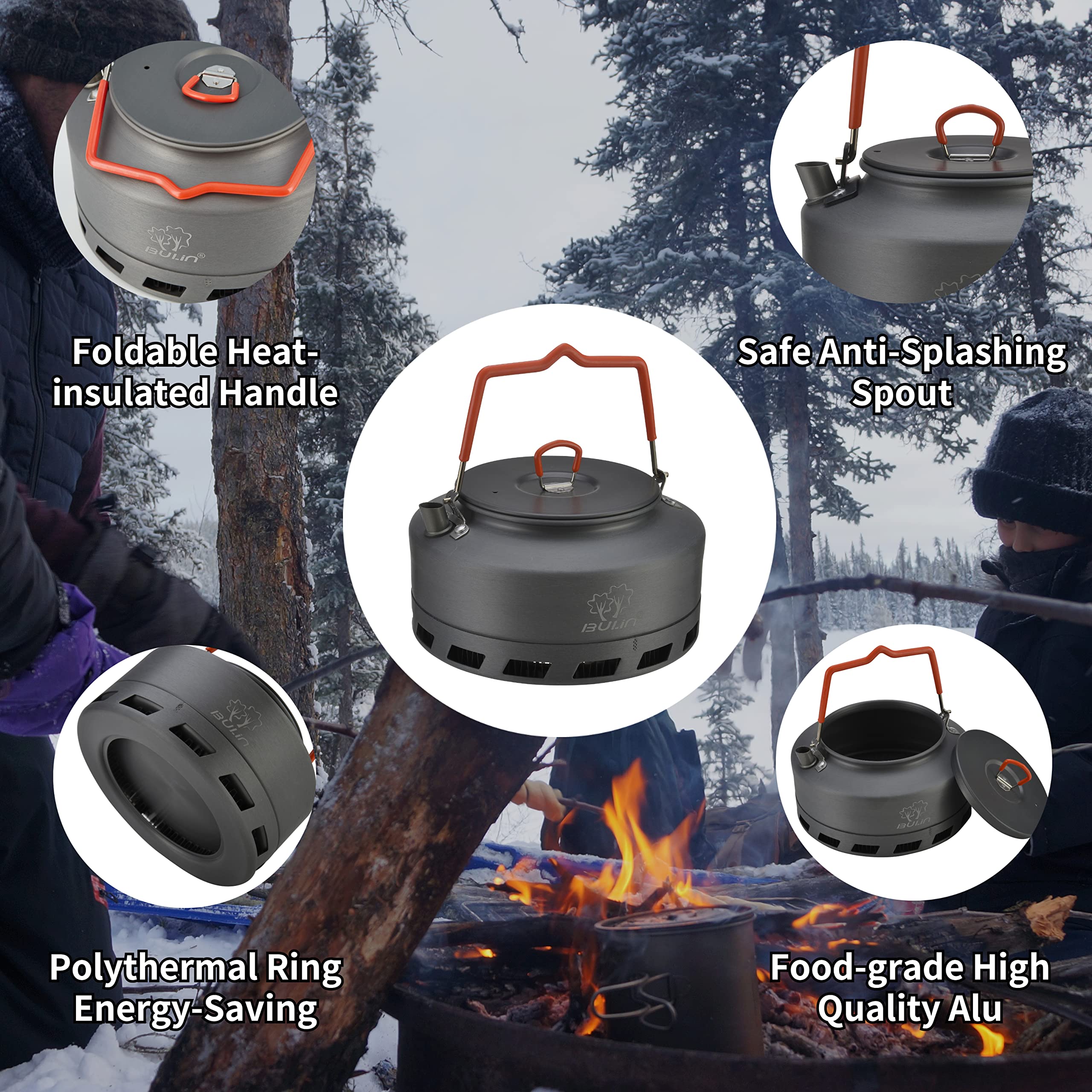 Bulin Bouilloire Camping – 1,6 L, bouilloire ultralégère en aluminium anodisé dur, pour maison, camping, trekking, randonnée, pique-nique, (fond à échangeur de chaleur)