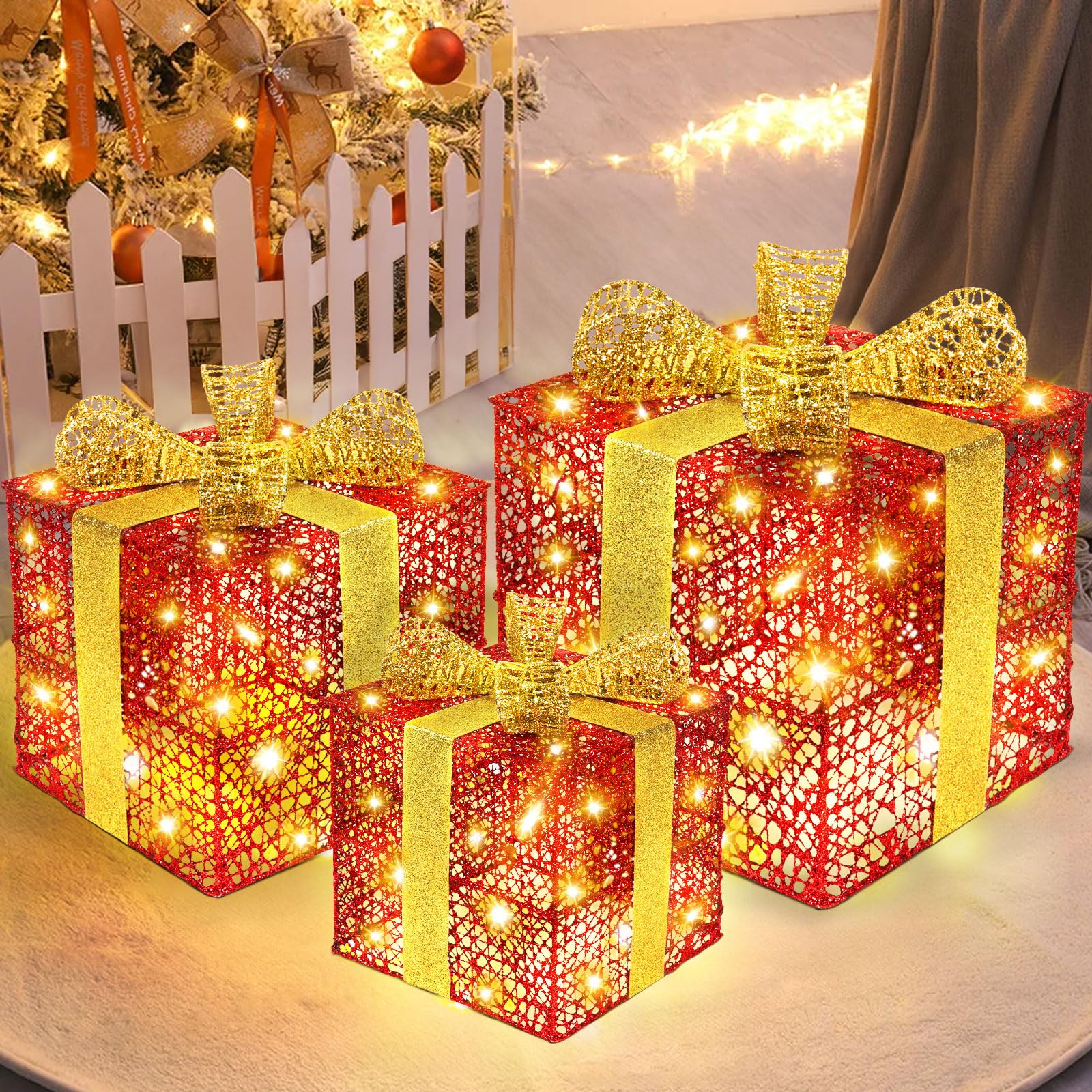 Set 3 Pacchetti Pacchi Regalo Luminosi di Natale con Stelle Decorazione Addobbo