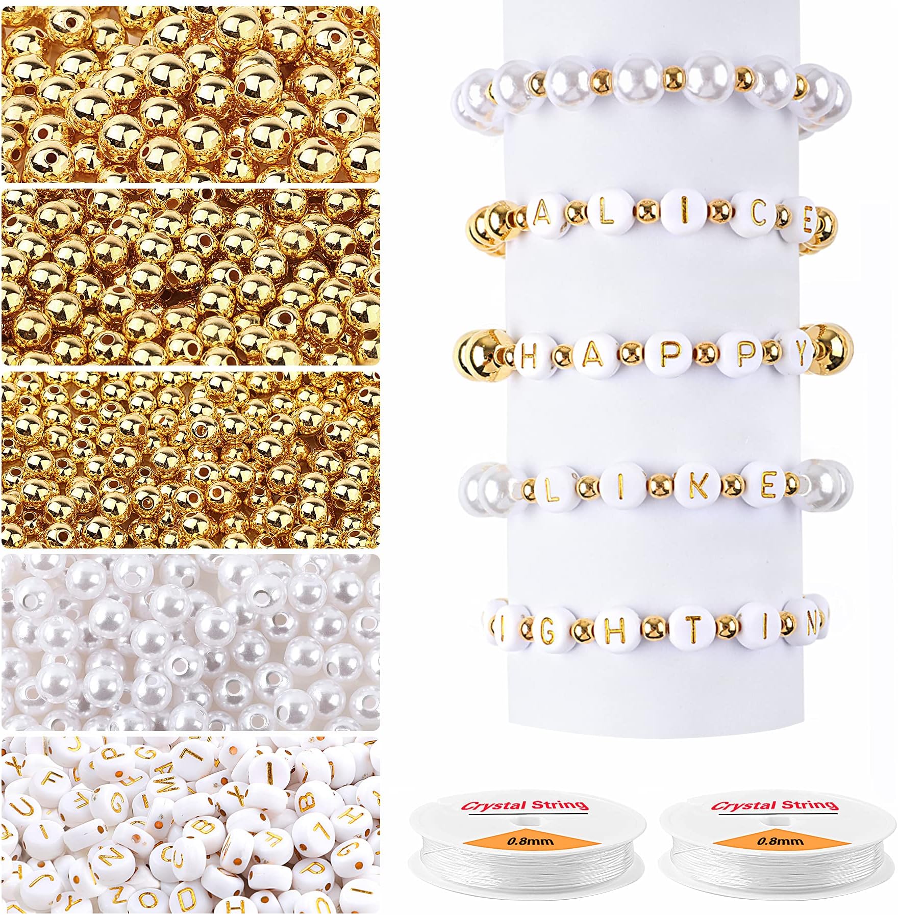 DECYOOL 1800Pcs Jewelry Making Kit - 1500Pcs Gold Round Spacer Smooth Loose Ball Beads, 150Pcs Alphabet, 150Pcs White Pearls and 2 Rolls Elastic String for DIY Craft