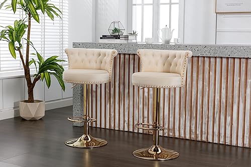 Miniatura 11 de Juego de 2 taburetes de bar giratorios de terciopelo de 360°, butacas ajustables para barra de cocina con respaldo de clavos, base dorada y