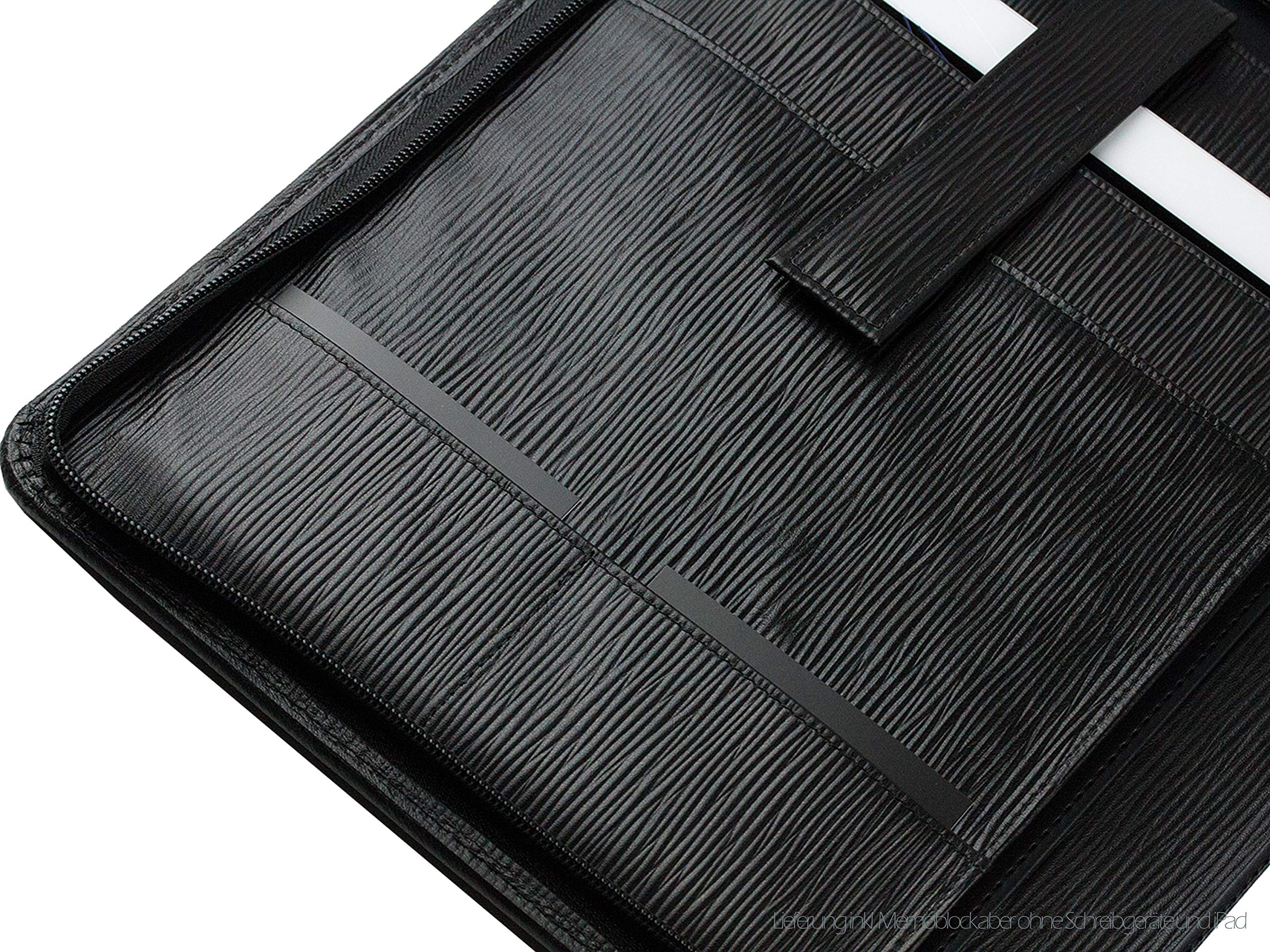 DELMON VARONE - Personalisierbare Tablet Schreibmappe DIN A4 aus Premium Manhattan Leder schwarz, Organizer Konferenzmappe mit Notizblock und Stiftschlaufe, Dokumentenmappe mit Reißverschluss