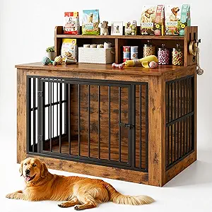 IRONCK Extra Large Wooden Dog Crate Furniture with Storage and Hooks, 43.3 inches