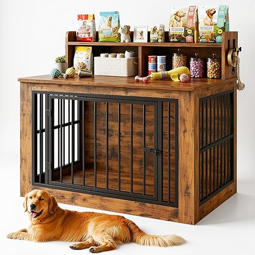 IRONCK Extra Large Dog Crate Furniture, 43.3 inches Wooden Dog Crate with Storage and 4 Hooks, Heavy Duty Pet Crate for Large Dog, Decorative Pet Cage for Indoor (30" L x 43.3" W x 41.1" H)
