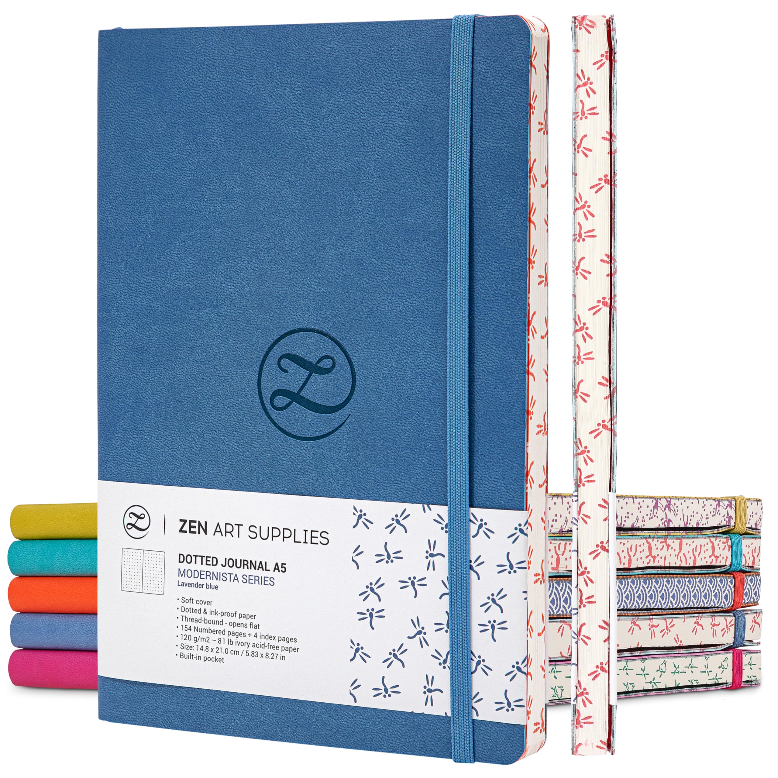 ZenART Supplies A5 Dotted Journal - Enjoy Bullet Journaling with a Soft Cover, Non-Bleed Thick 120gsm Paper, Dot Journal in Blue, Japanese Edge Motif - Faux Leather Lay Flat Dot Grid Notebook
