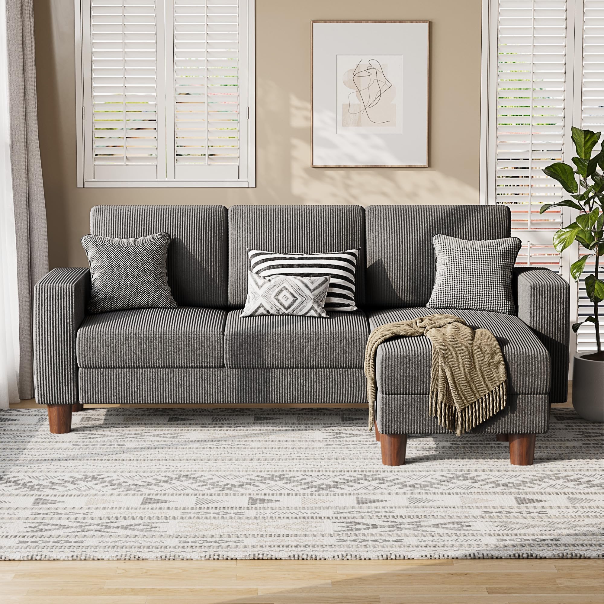 VICTONE Sectional Sofa Couch, 3 seat L-Shaped Small Sofa with Movable Ottoman Couch for Small Apartments, Living Rooms and Offices (Corduroy, Grey)