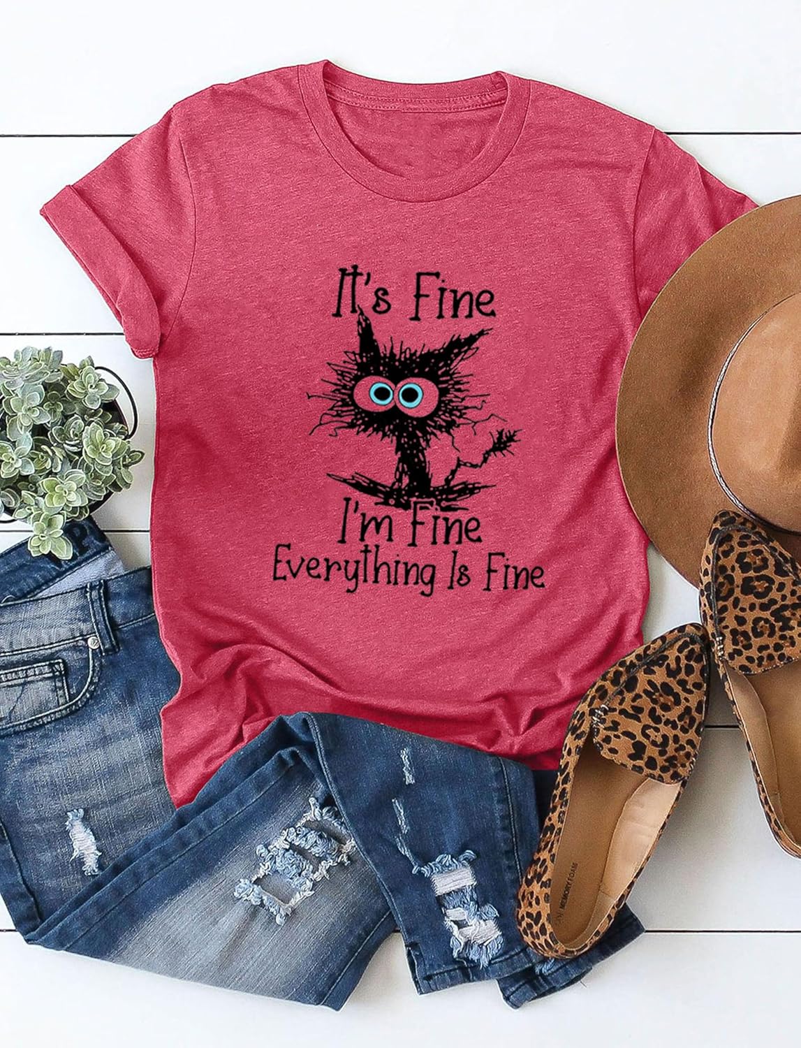 Funny Cat T Shirts for Women Everything is Fine Graphic Tees Casual Short Sleeve Summer Tops Crewneck Shirt - Image 4