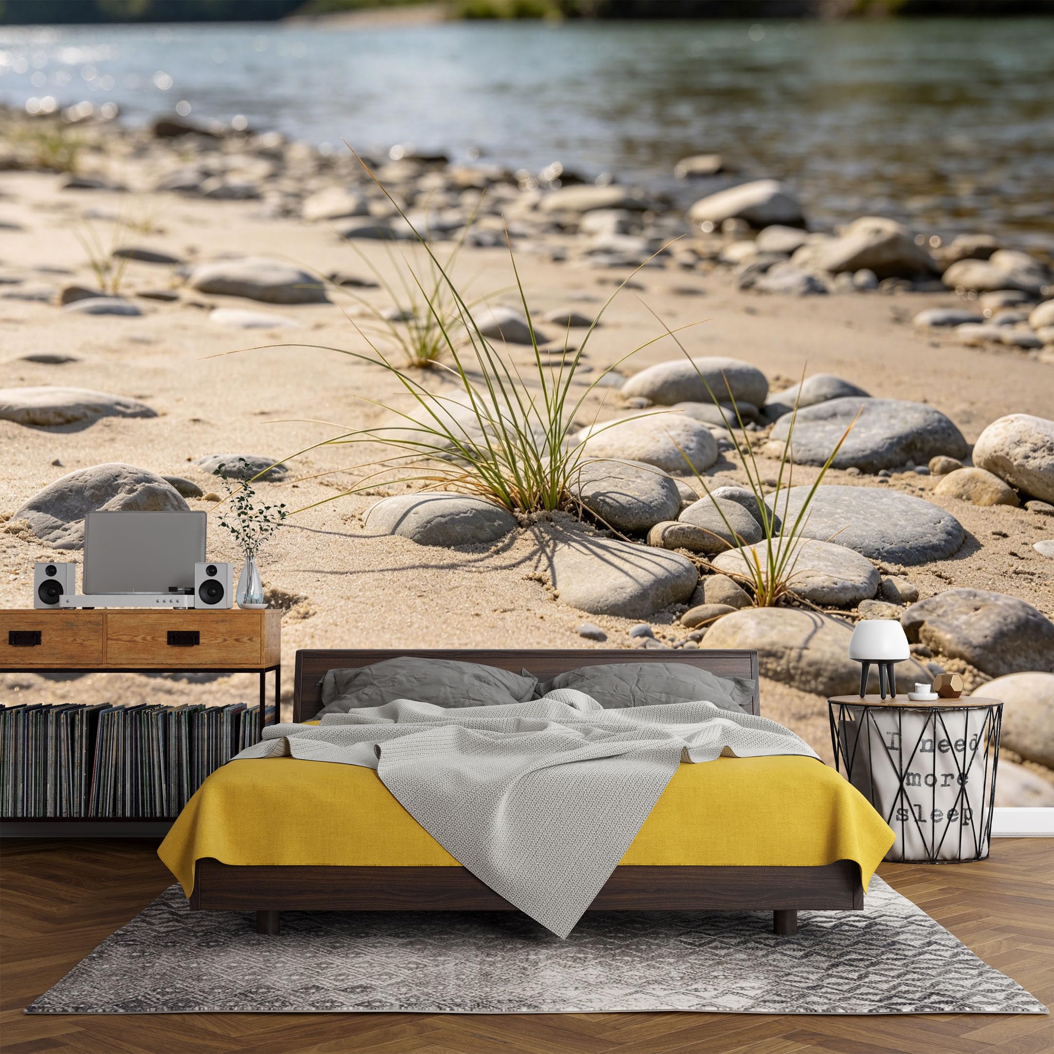 Custom Size Wall Mural， Coastal River Shore Pebble Sandbank Landscape，SelfAdhesive Art Prints wall Fabric (No PVC) Removable Wallpaper Living Room Decor