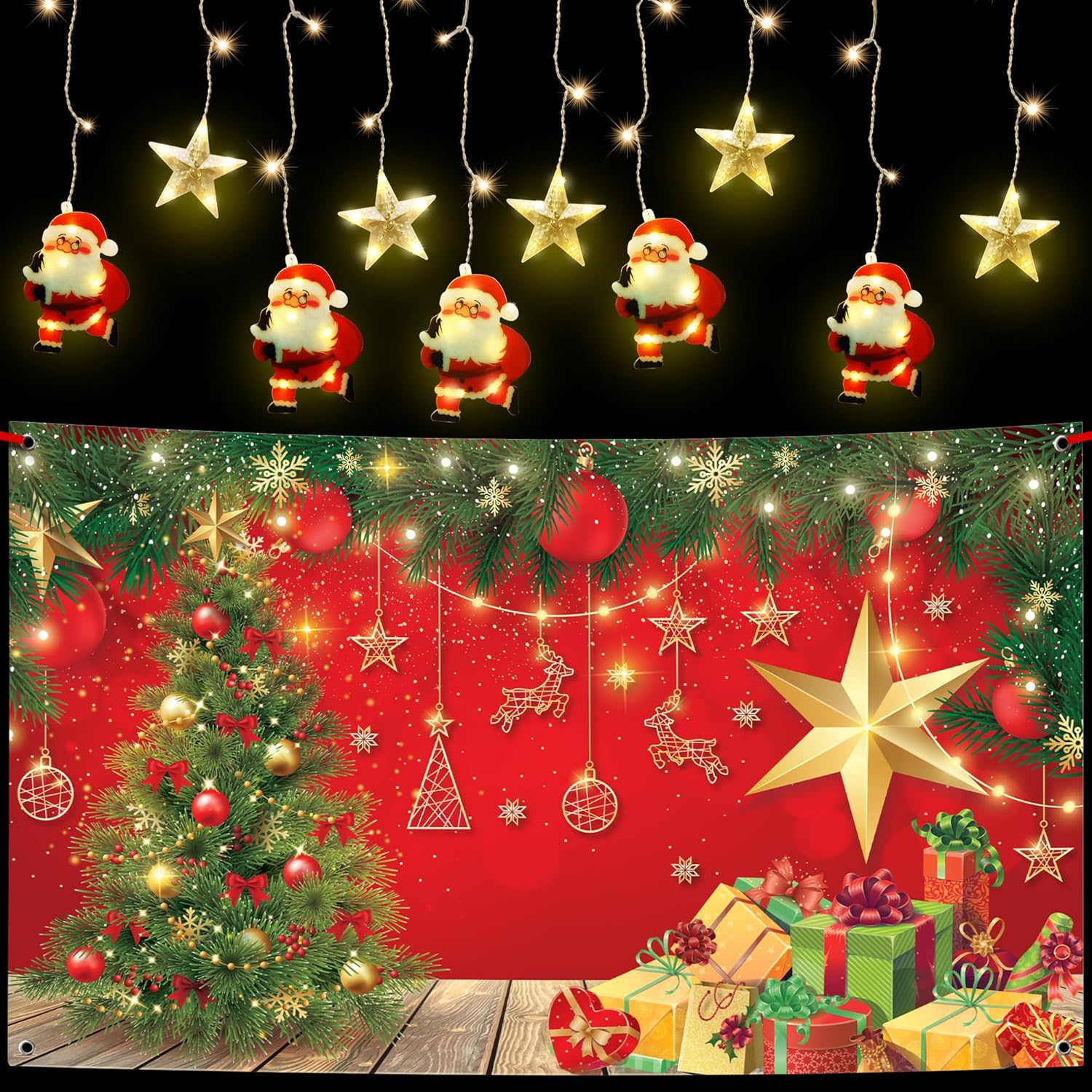 KatchOn, Christmas Banner for Christmas Decorations - 72x44 Inch | Christmas Lights for Windows - 10 Feet | Christmas Photo Backdrop | Santa and Stars Hanging Light Up Ornaments | Christmas Backdrop