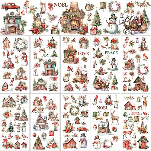 Lincia 10 hojas de calcomanías de Navidad para manualidades y muebles, calcomanías de Navidad para frotar en transferencias, muñeco de nieve, gnomo