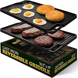 Cast Iron Griddle/Grill Reversible Combo Set + Protective Mitts, Grill Press & Scraper- Pre-seasoned Indoor & Outdoor gas Stove Griddle- Stovetop, Camping or Home Cooking Non-Stick Griddle Pan