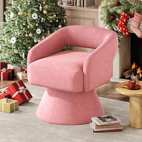 Miniatura 9 de LINSY Silla giratoria de barril, silla giratoria moderna de 360 grados, silla giratoria Boucle redonda, sillas de terciopelo rosa con brazos, silla
