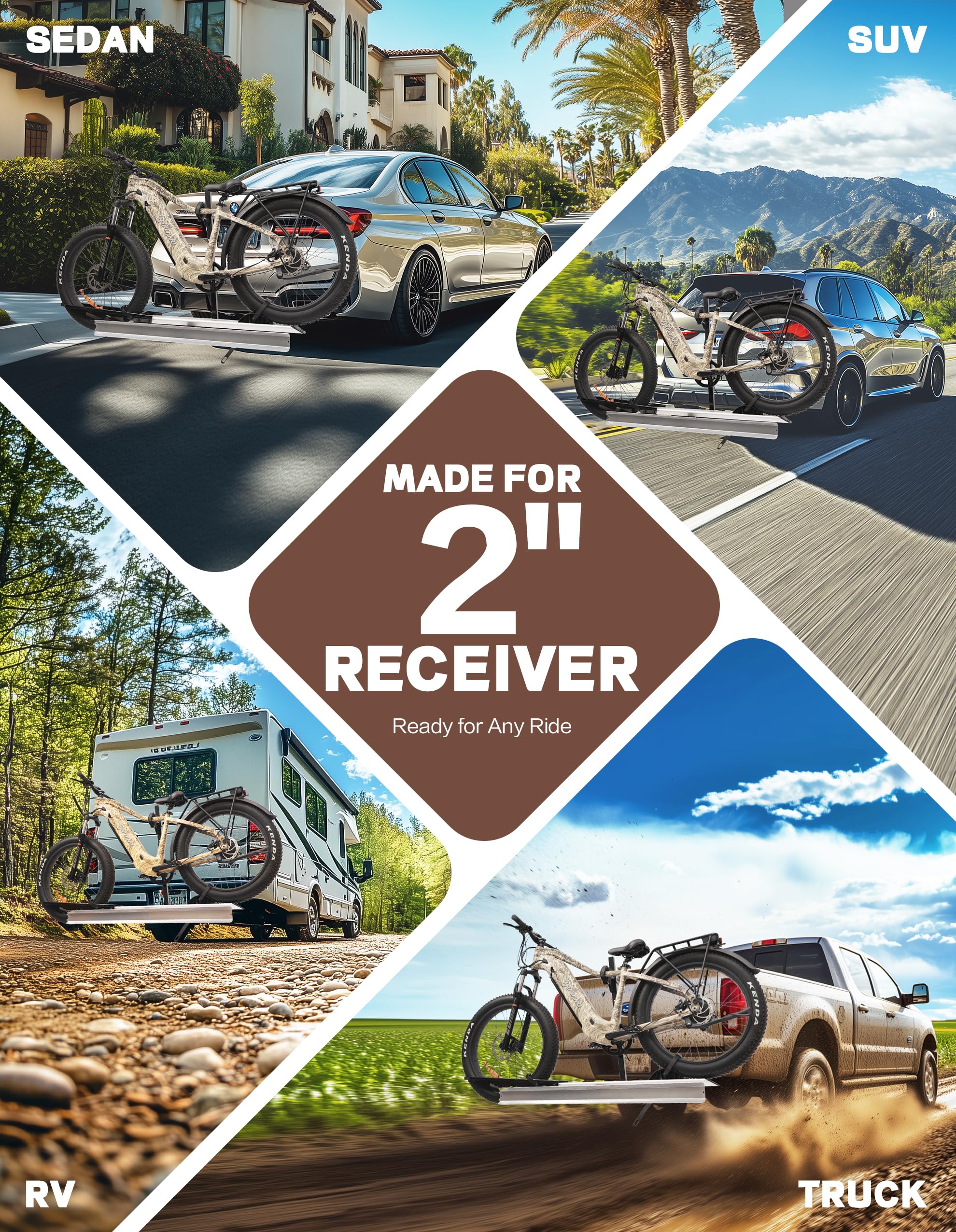 Hitch Mount Single Bike Rack with Ramp for Electric Bike, 100 lbs. Capacity Bike Carrier for Truck, Trailer, RV, SUV