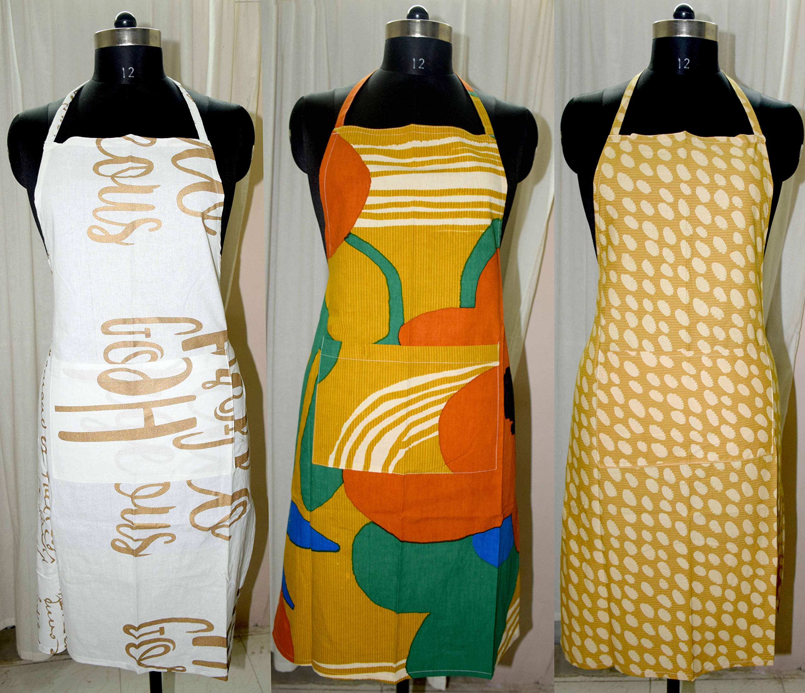 Arohi Cotton Kitchen Apron with Center Pocket Apron for Men and Women Chef Cooking Apron Kitchen Apron Pack of 3 Apron (Multi - 20)
