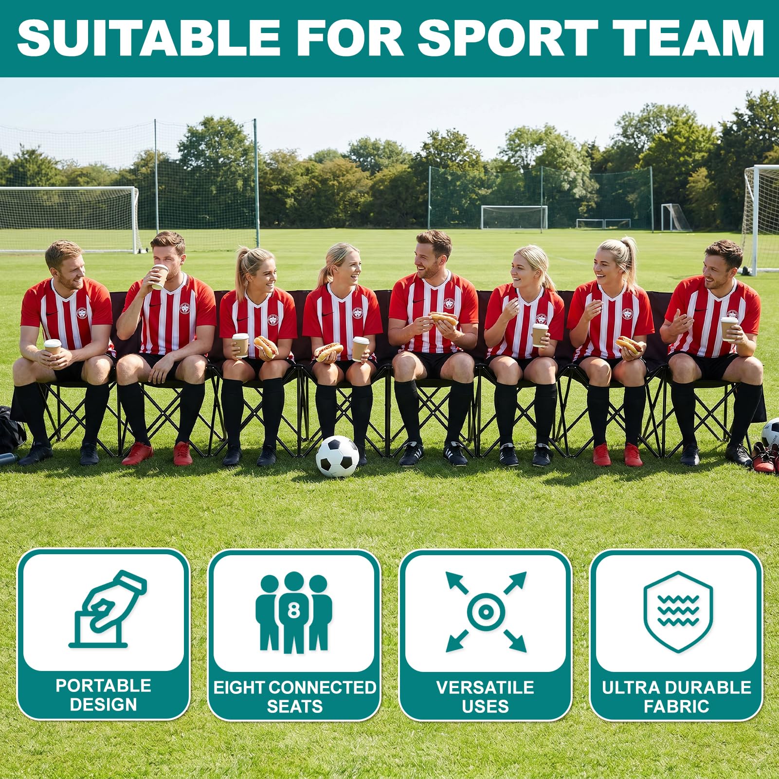 1MORE Panca da calcio pieghevole portatile, 8 posti, panchine laterali pieghevoli, sedia da calcio con borsa e schienale, sedia da squadra per adulti, per calcio, campeggio, eventi sportivi, sedute