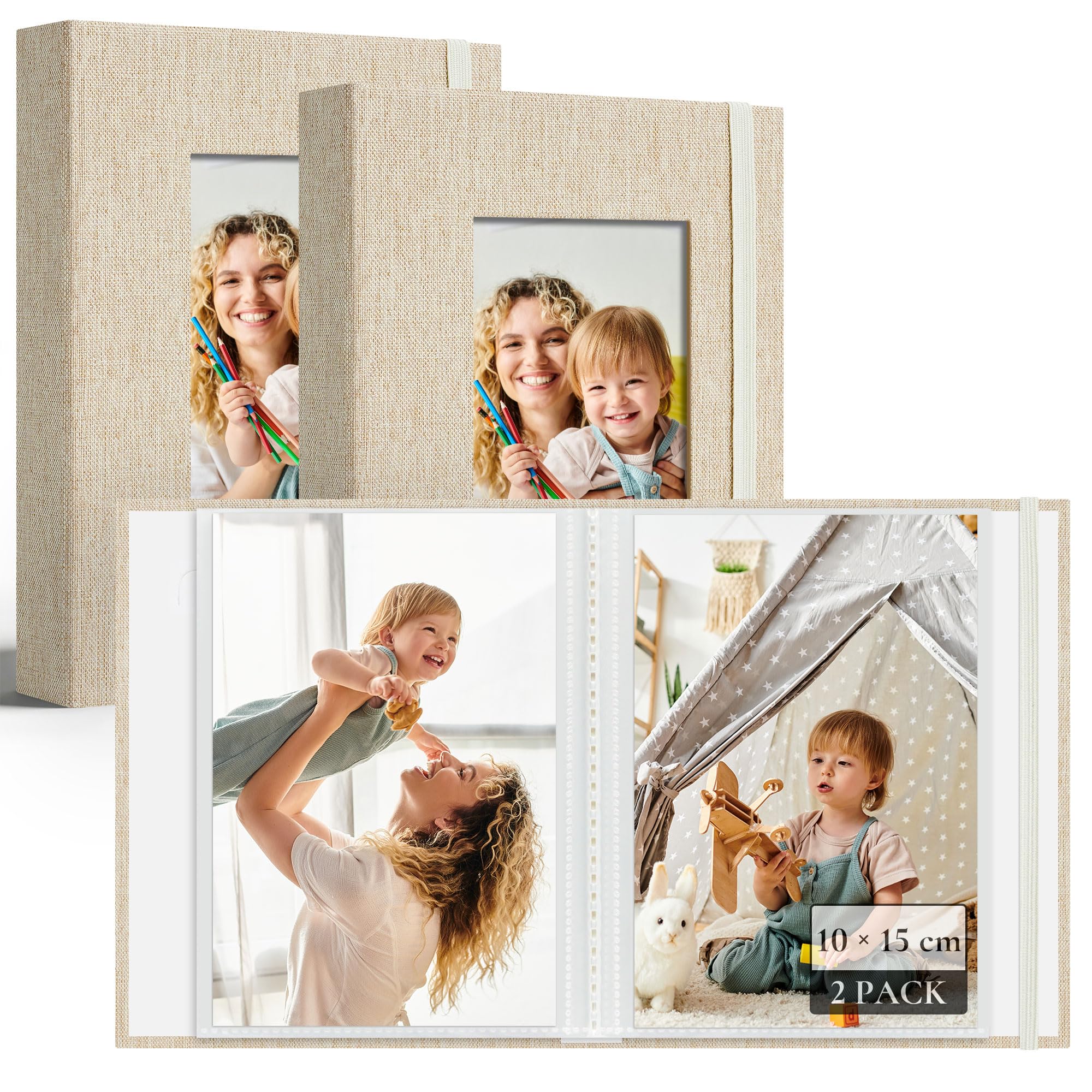 Vienrose Piccole Album Foto 10x15 cm, 2 Confezione Album Copertina di Lino, 26 Tasche 52 Foto, Mini Album per Famiglia, Matrimonio e Viaggi, per Ricordi e Cartoline, Facile da Trasportare, Beige