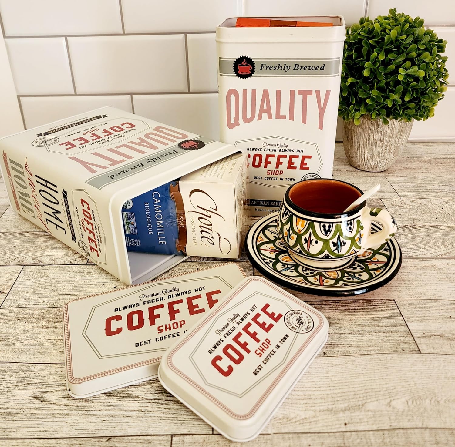 Farmhouse Coffee Storage Container Set with Lids – Tall Rectangular Canisters for Coffee Pods & Tea Bags– Airtight White Kitchen Canister Set