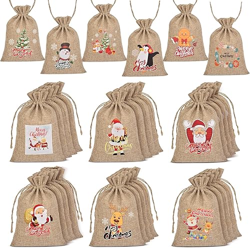 Miniatura 5 de 24 bolsas de arpillera de Navidad, 7 x 5 pulgadas, pequeñas bolsas de regalo de Navidad con cordones, bolsas de dulces de Navidad, bolsas de regalo