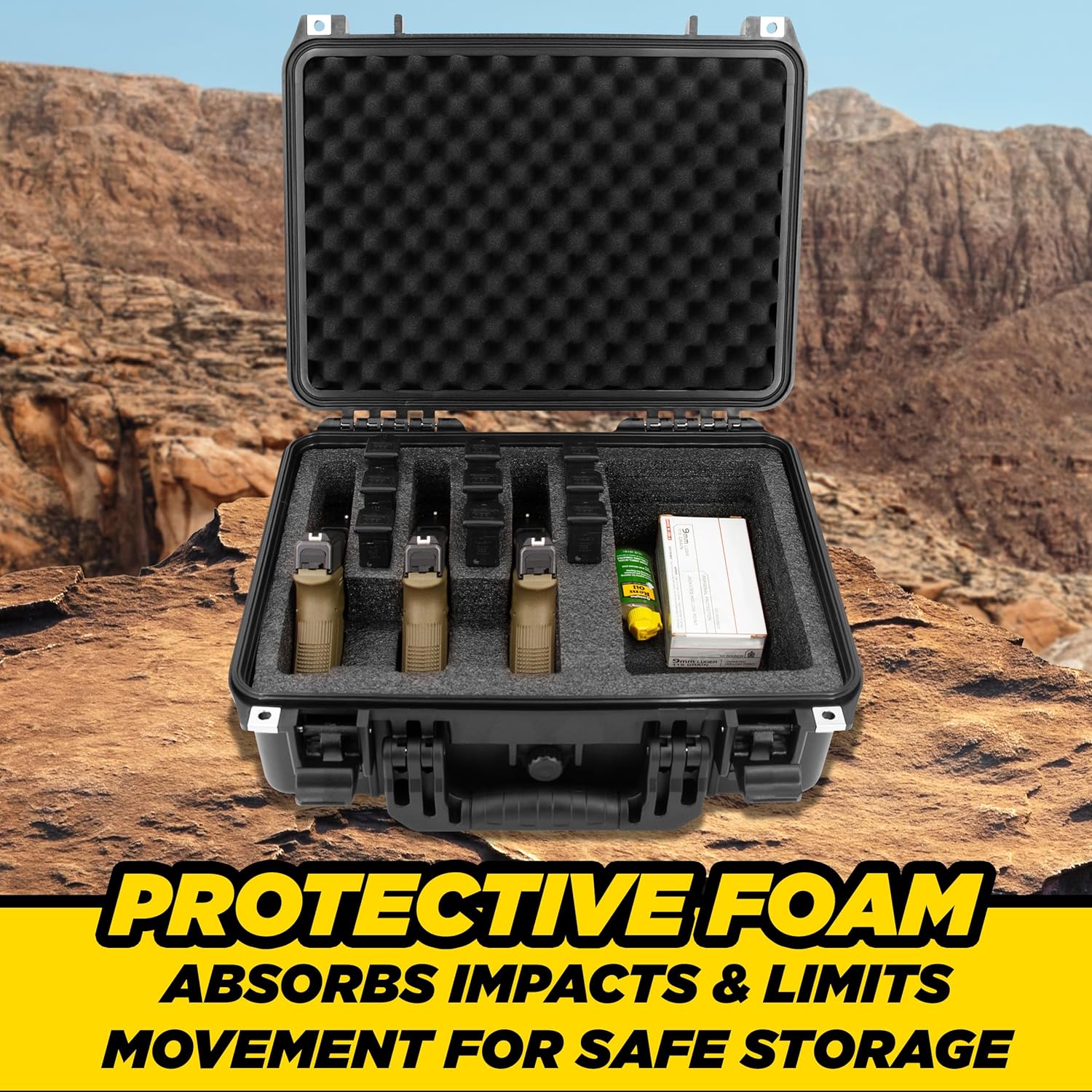 CASEMATIX TSA Approved 3 Pistol Case - 16" IPX7 Waterproof Handgun Case for 3 Handguns and 9 Magazines with Accessory Storage, Heavy-Duty Pistol Case Hard Shell Gun Carrying Case - Image 3