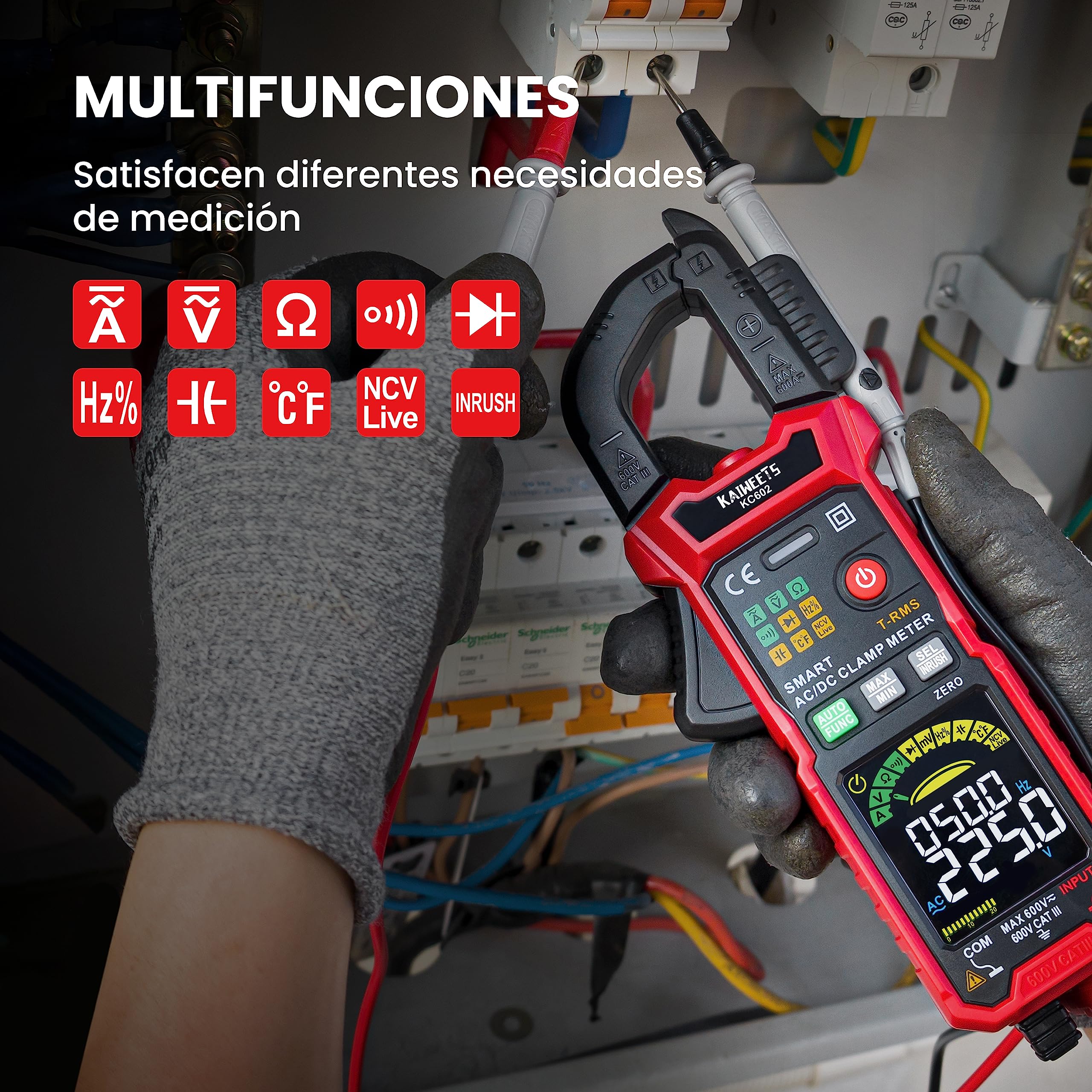 KAIWEETS Digital Pinza Amperimétrica Inteligente,Pinza de corriente profesional, Medición de corriente AC/DC tensión temperatura NCV Inrush, KC602
