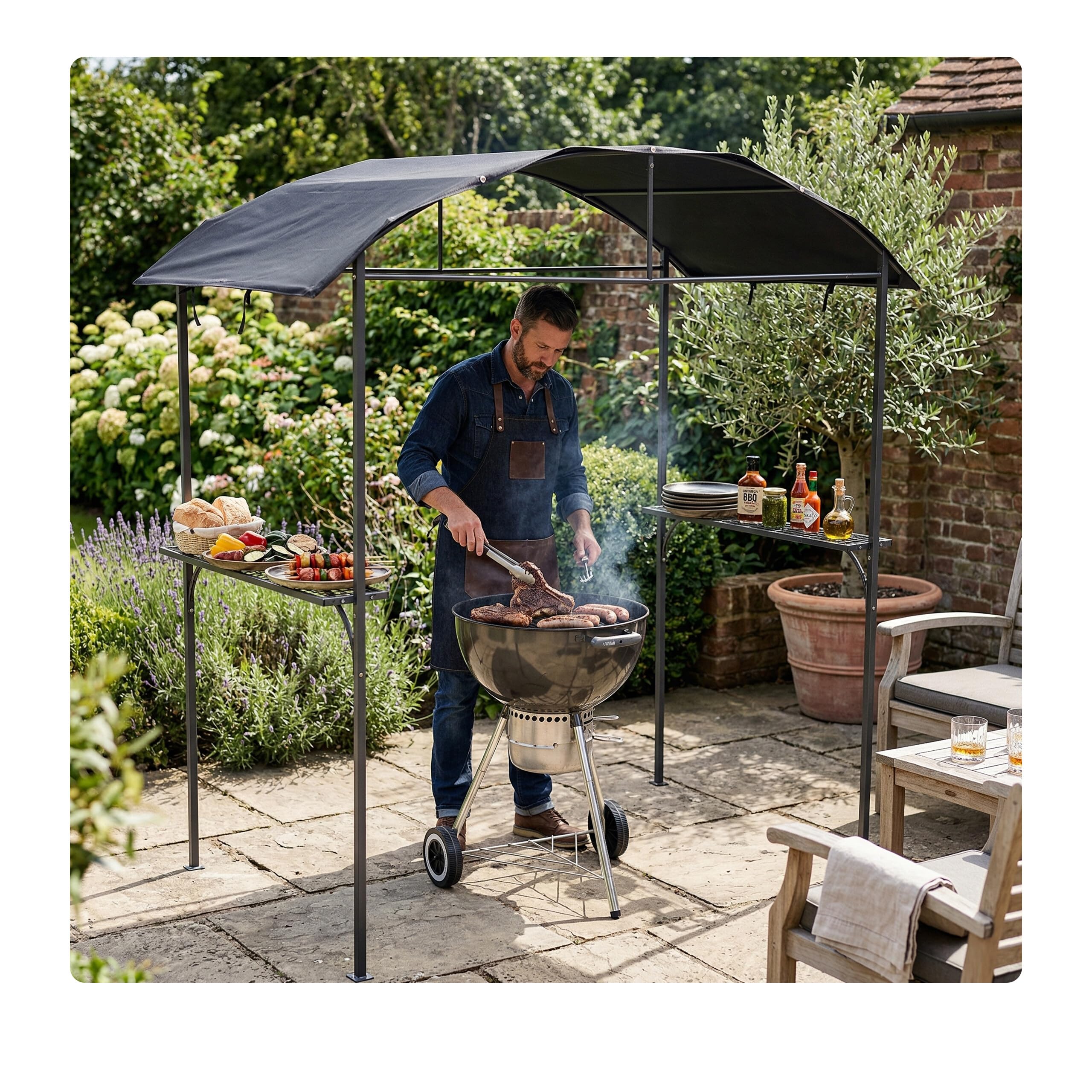 Pavillon Barbecue Relaxdays - HxLxP 230×210×116 cm, étagères latérales, Acier/Polyester, Jardin, Anthracite