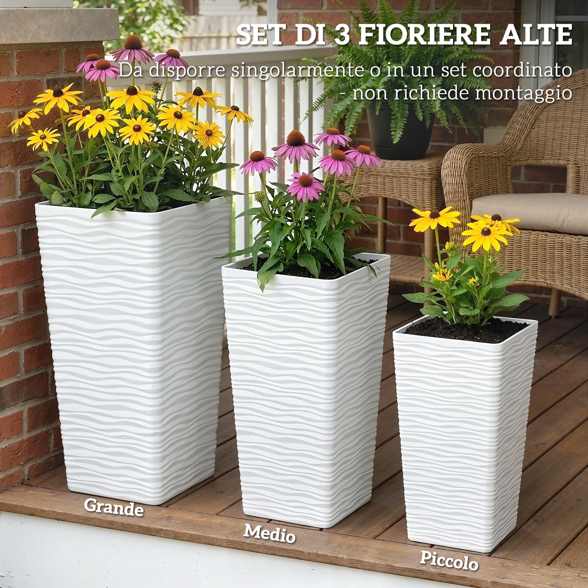 Outsunny Set di 3 Vasi da Esterno Impilabili con Motivo Ondulato, Vasi per Piante da Esterno Quadrati in Plastica per Fiori con Fori di Drenaggio, 42/55/65 cm, Bianco