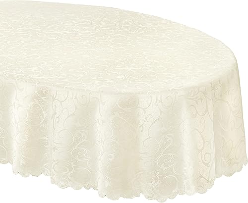 Vista 83 de Newbridge Mantel de tela de damasco festoneado Portofino de Navidad, 60 x 102 pulgadas, rectangular, marfil, resistente a las arrugas y a