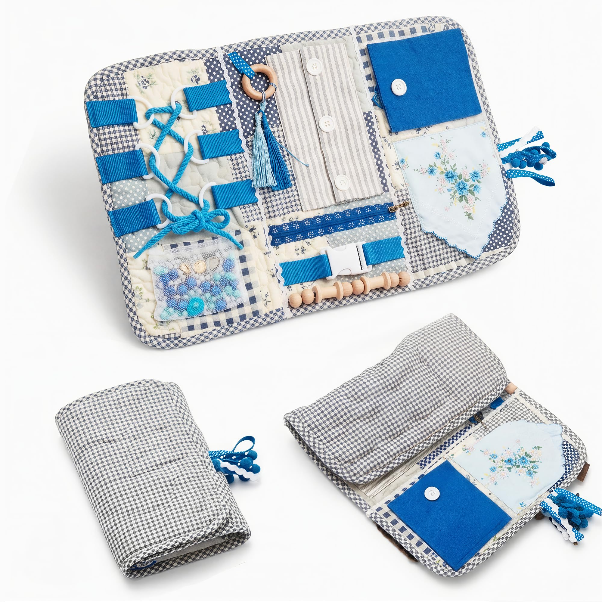 Manta antiestrés para adultos con demencia con diez dispositivos y actividades de demencia, el mejor regalo para pacientes con demencia, 20 x 12 pulgadas, manta azul ocupada para pacientes con