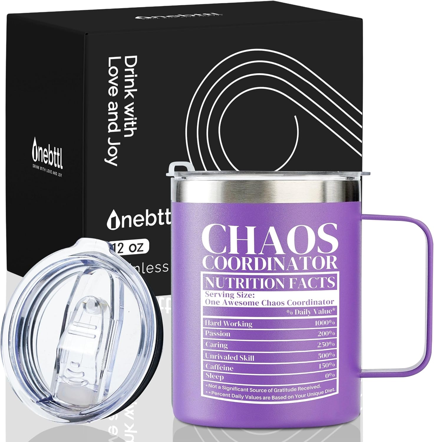 Onebttl Boss Gifts for Women Men, Funny Chaos Coordinator Nutrition Facts Tumbler for Boss, Secretary, Manager, Coworkers, Stainless Steel Skinny Tumbler 12oz with Lid, Black