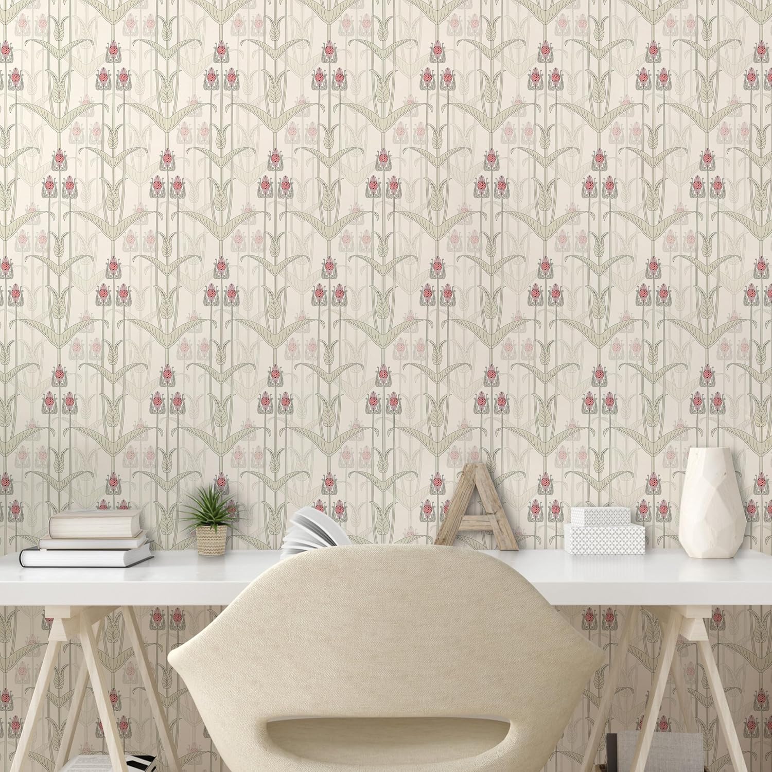 Ambesonne Vintage Peel & Stick Wallpaper for Home, Retro Inspired Flowers Pattern in Soft Tone Shabby Form Illustration, Self-Adhesive Living Room Kitchen Accent, 13" x 100", Sage Green Pink