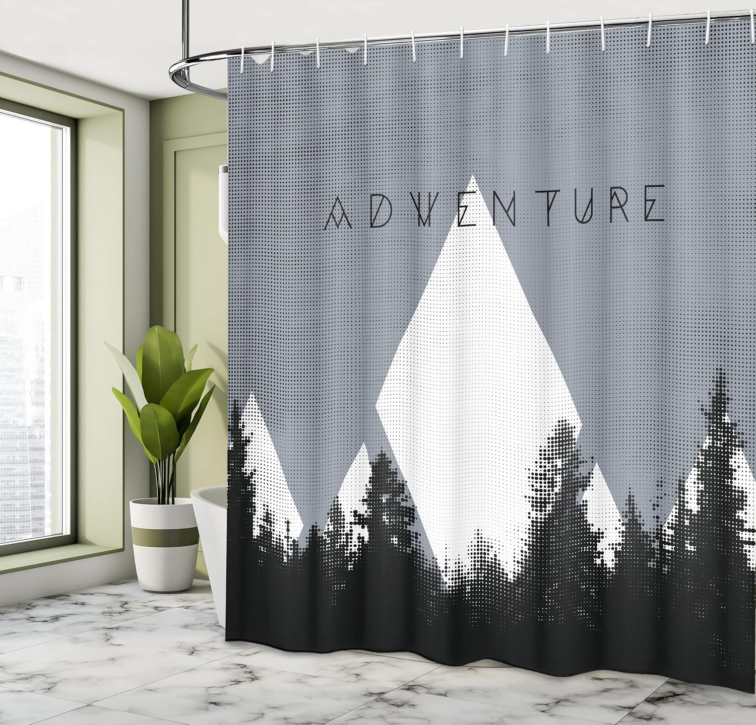 Ambesonne Adventure Shower Curtain, Forest Halftone Effect Hipster Typography Camping in Mountains, Cloth Fabric Bathroom Decor Set with Hooks, 69" W x 84" L, Blue Grey