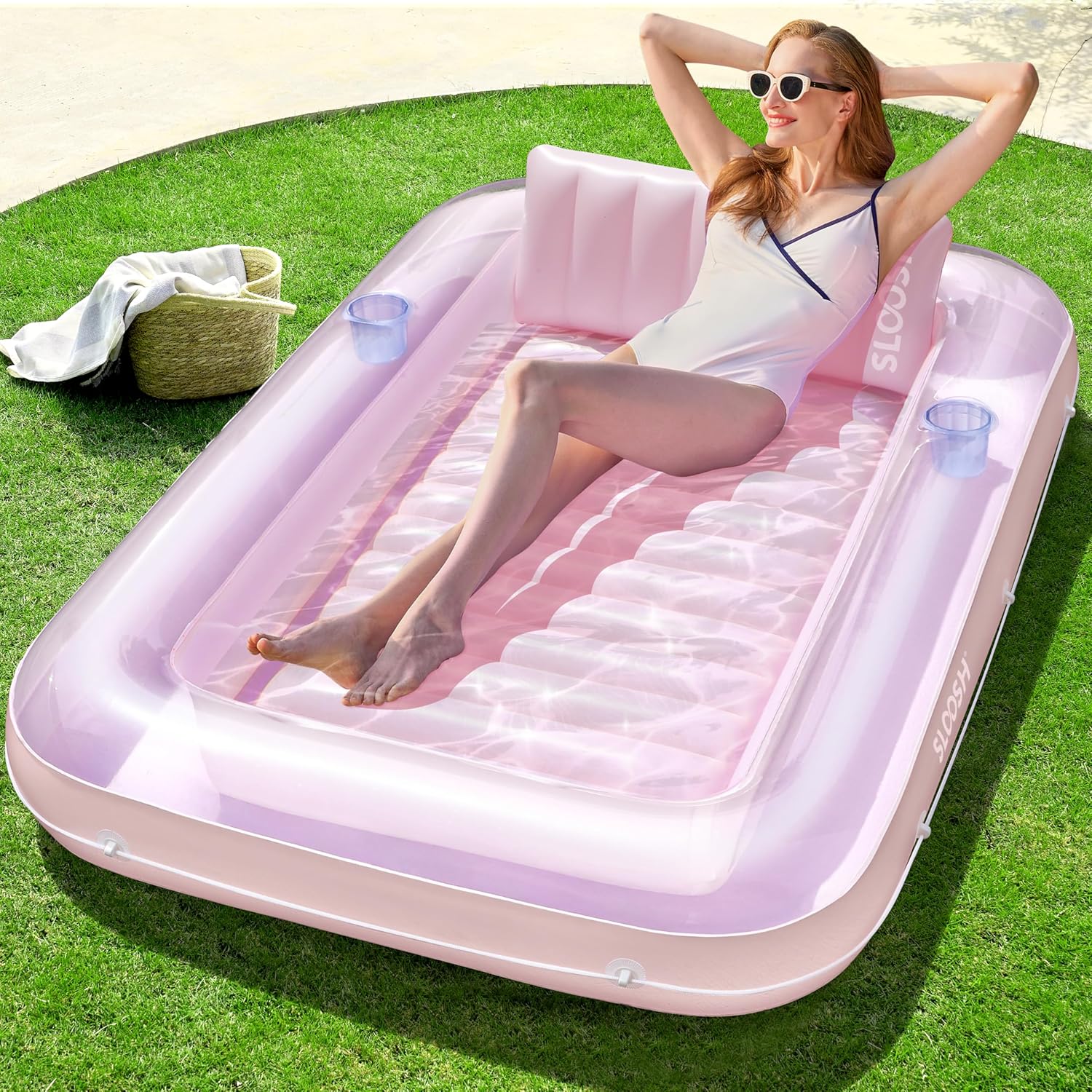 SLOOSH Inflatable Tanning Pool Lounger Float, 70" x 46" Pool Floats Adult with Pillow, 4 in 1 Suntan Tub Raft Floatie,Sunbathing Bed Lounge for Water Blow Up Kids Ball Pit Party Gifts, L-Purple Pink