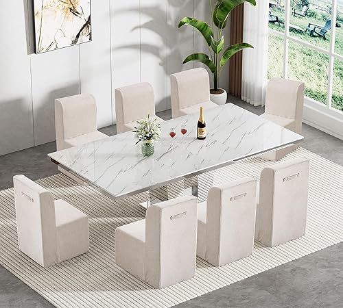 Miniatura 14 de Juego de mesa de comedor extensible marrón de 9 piezas para 8, 63-78.74 pulgadas, juego de mesa de comedor extensible de madera rectangular y sillas