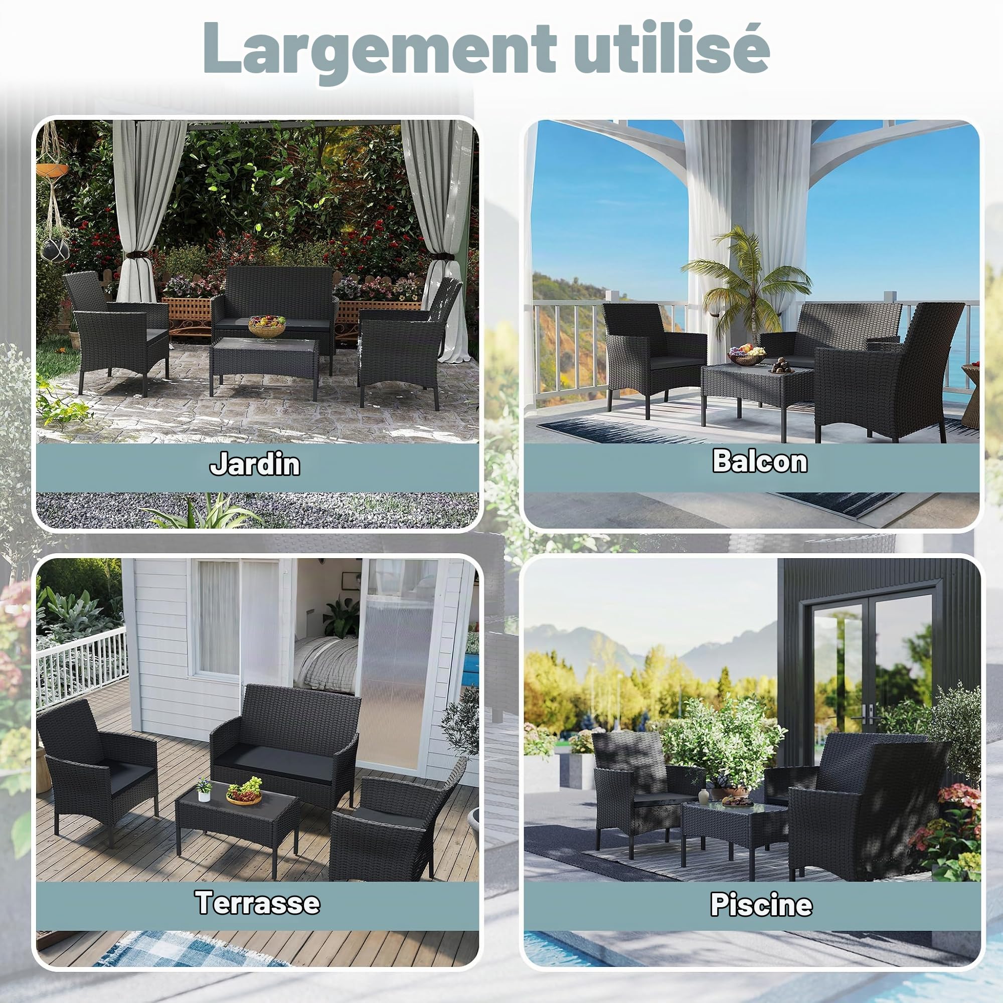 LZQ Salon de jardin en polyrotin, pour 4 personnes, avec canapé 2 places, chaises simples, table et coussin, anthracite