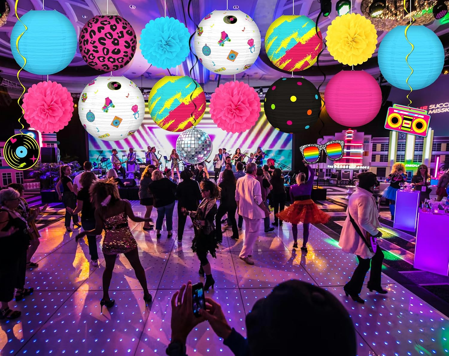 17Pcs 80s Party Decorations, Retro Disco Paper Lanterns for 1980s Theme Birthday, Home Hanging Decor