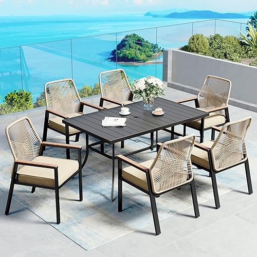 7 Pieces Patio Dining Set, 6 x Woven Rattan Chairs
